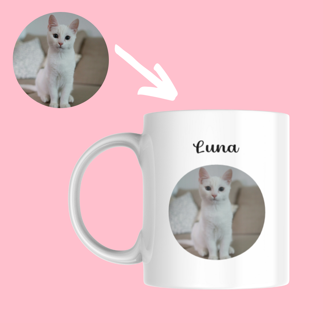 your cat photo on photo mug illustrated pink background