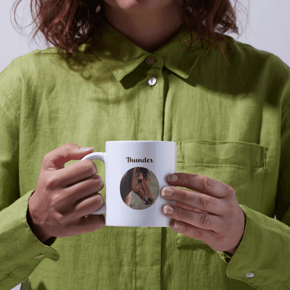 Horse photo mug held in hands green shirt