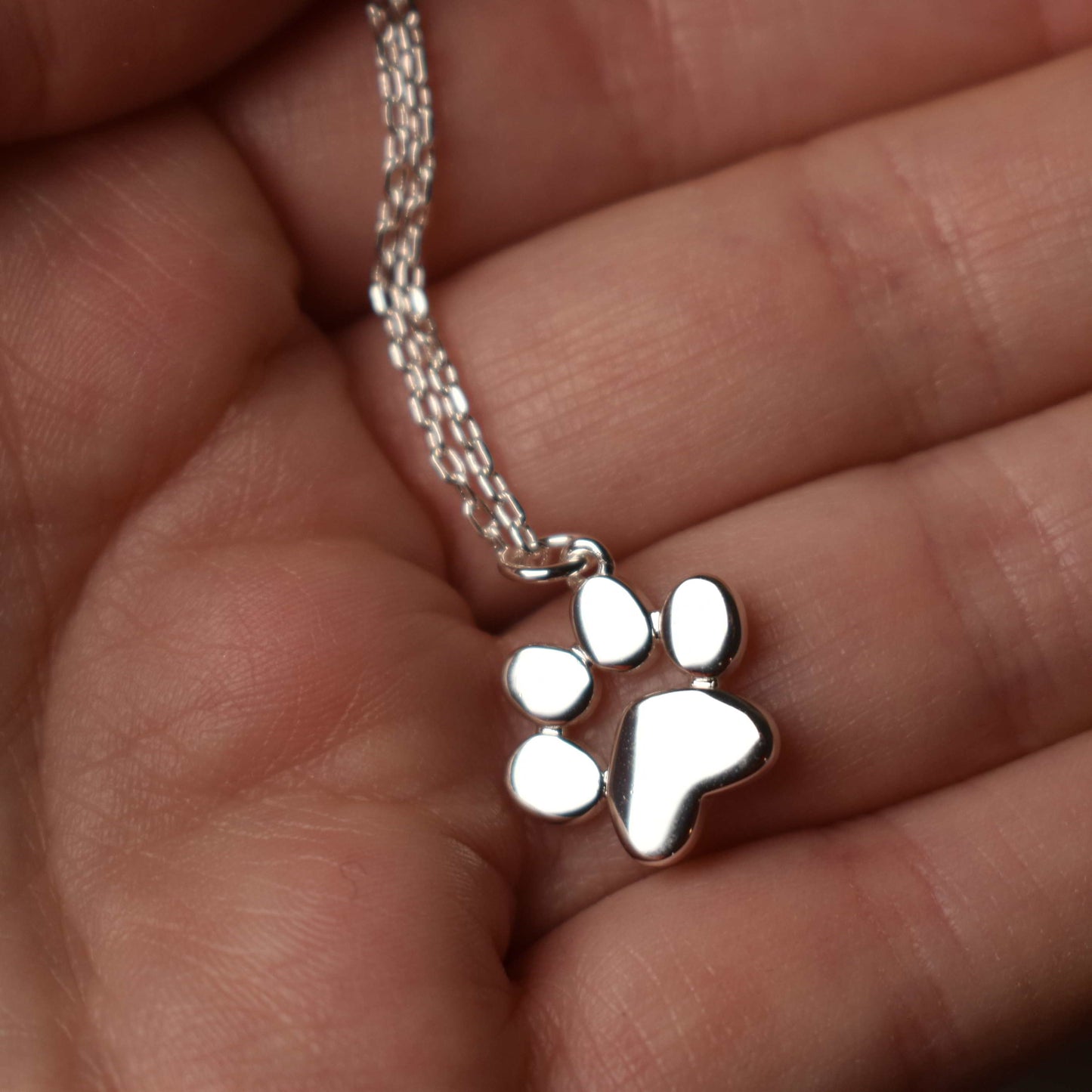 Paw Print Necklace in Hand Close Up