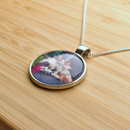 Photo pendant necklace two cats sleeping side view